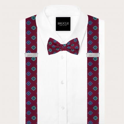 Dual-purpose suspenders and matching floral burgundy silk bow tie