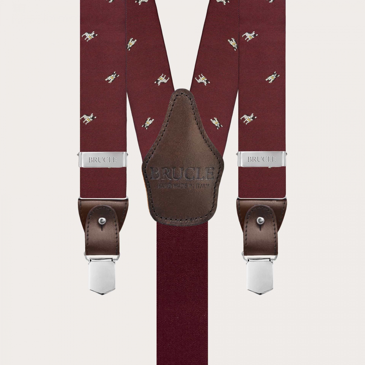 Bordeaux jacquard silk suspenders with French bulldogs