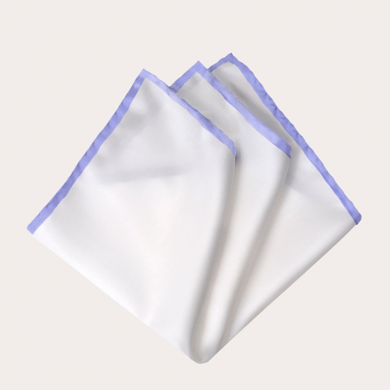 White silk pocket square with lilac border