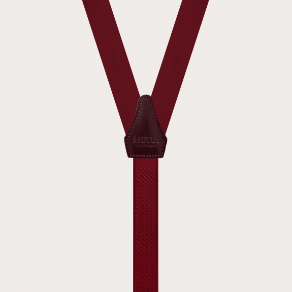 Narrow burgundy silk satin suspenders with gold metal parts