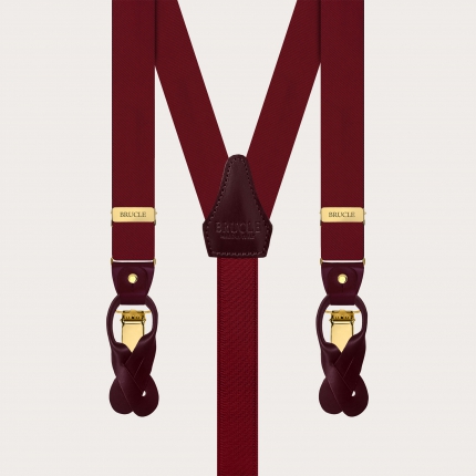 Narrow burgundy silk satin suspenders with gold metal parts