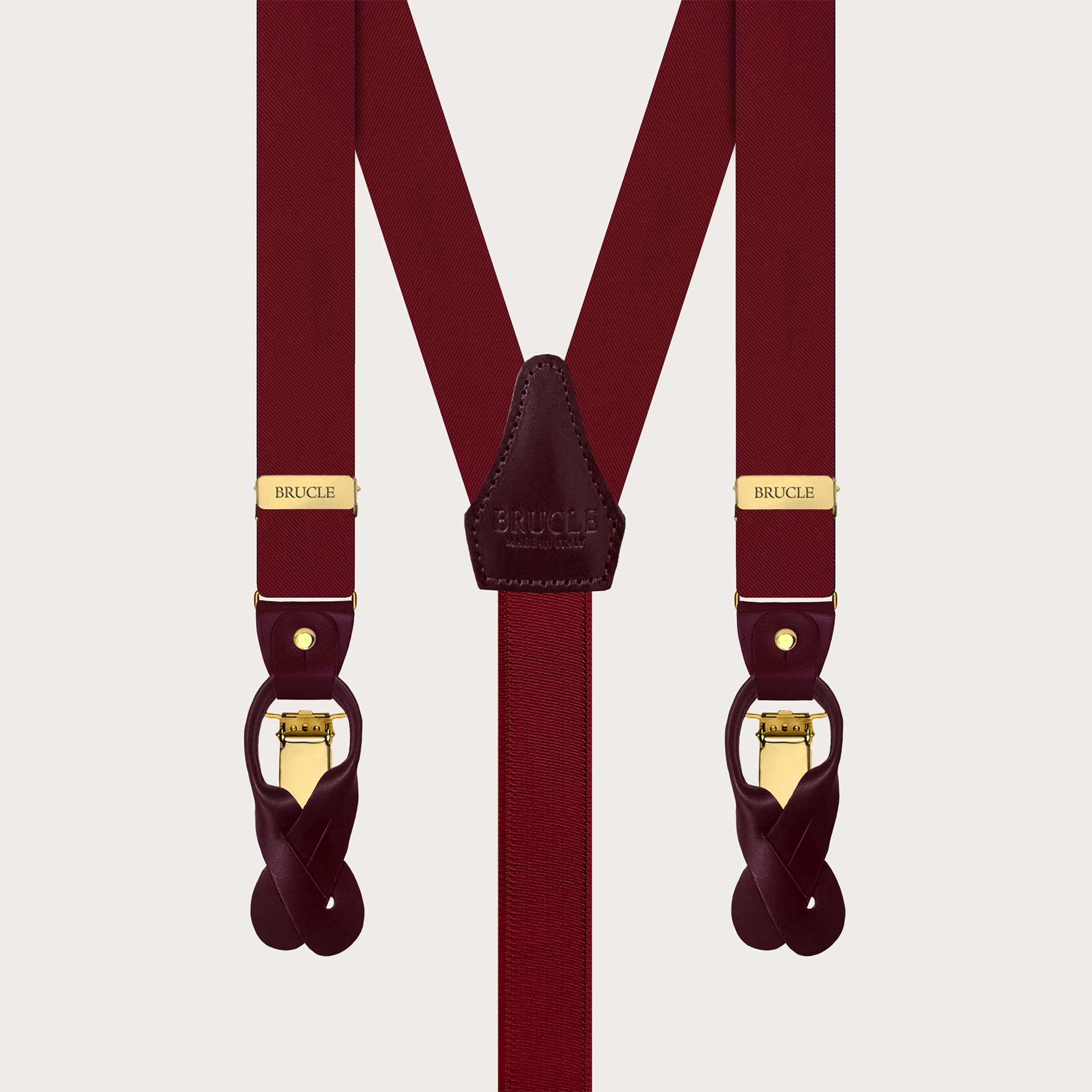 Bretelle strette in raso di seta bordeaux con parti metalliche oro