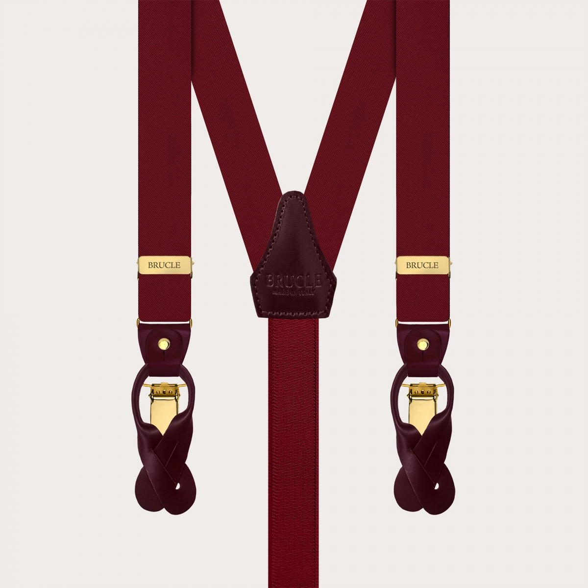 Bretelle strette in raso di seta bordeaux con parti metalliche oro