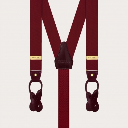 Narrow burgundy silk satin suspenders with gold metal parts