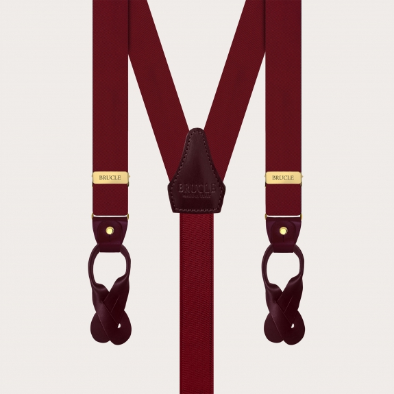 Narrow burgundy silk satin suspenders with gold metal parts