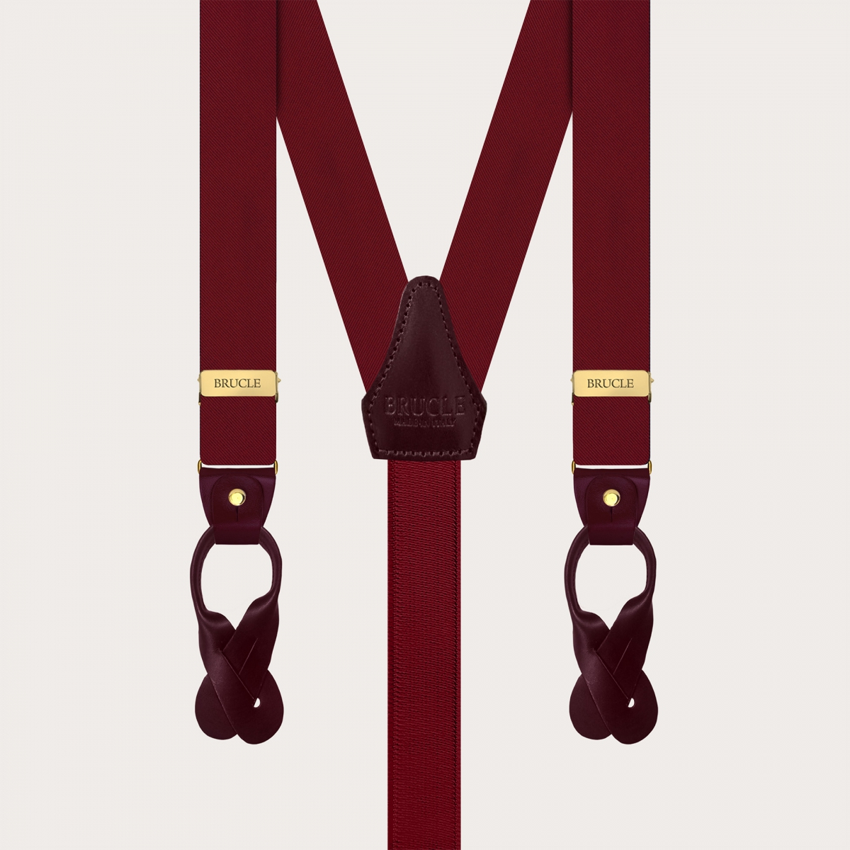 Bretelle strette in raso di seta bordeaux con parti metalliche oro