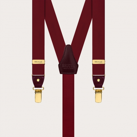 Bretelle strette in raso di seta bordeaux con parti metalliche oro
