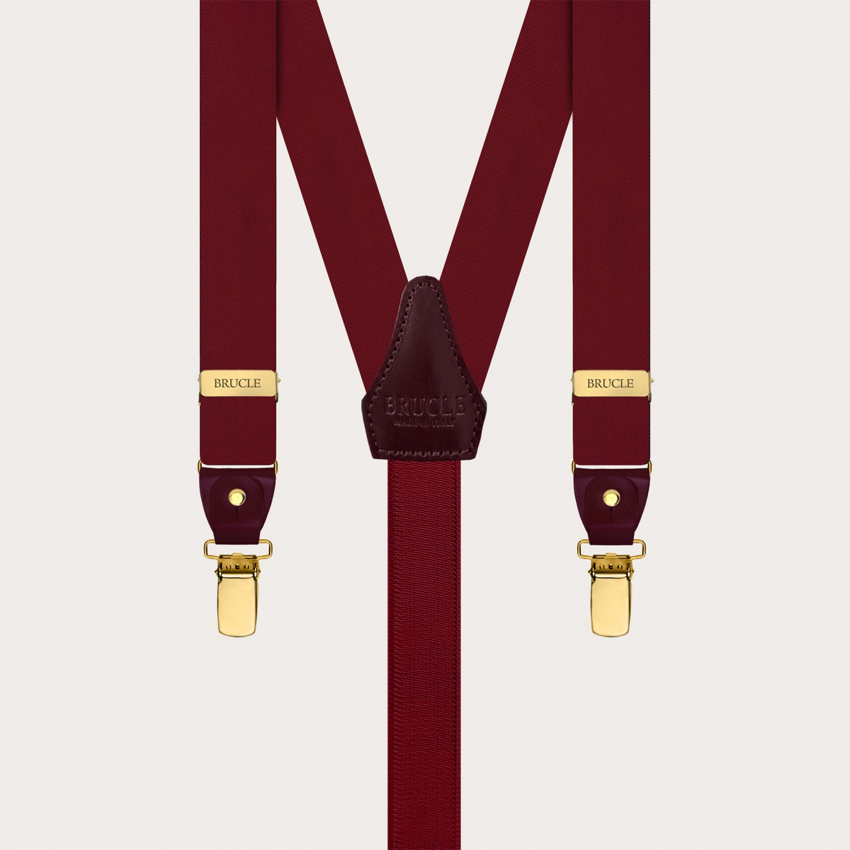 Bretelle strette in raso di seta bordeaux con parti metalliche oro