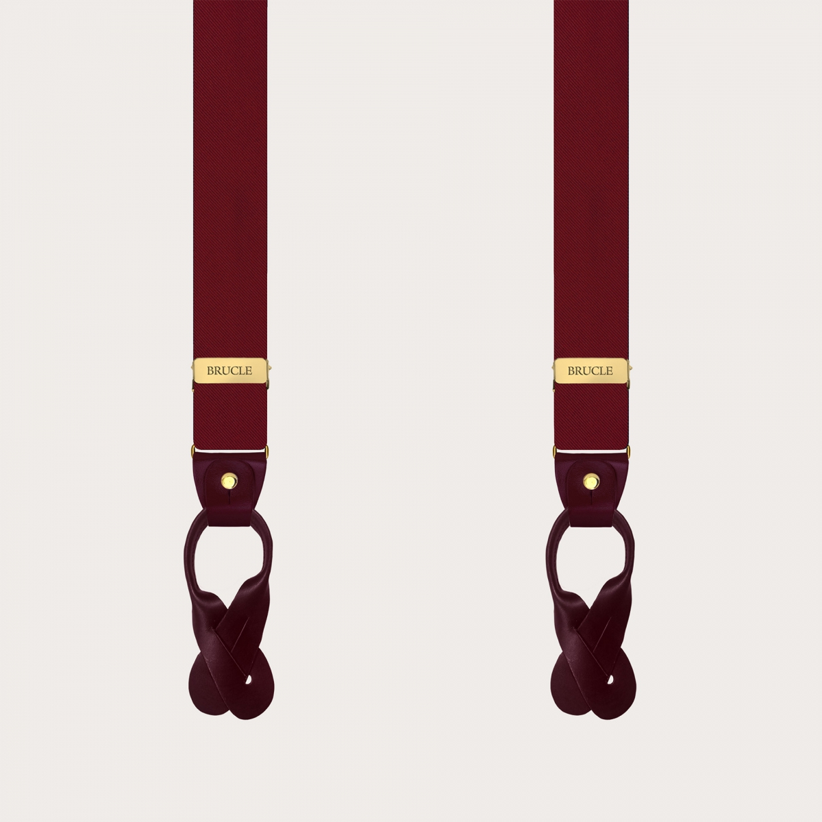 Bretelle strette in raso di seta bordeaux con parti metalliche oro