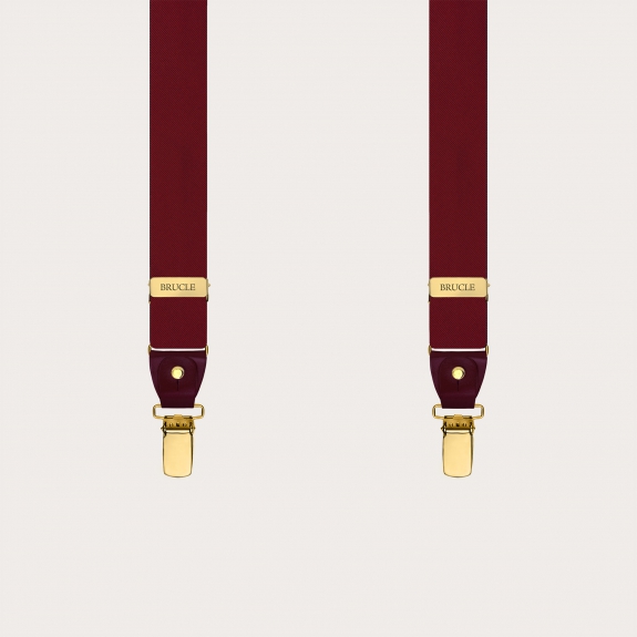 Narrow burgundy silk satin suspenders with gold metal parts