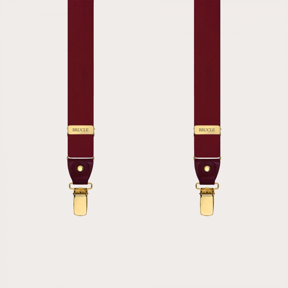 Narrow burgundy silk satin suspenders with gold metal parts