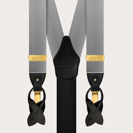 Men's grey silk suspenders with pin-dot pattern gold buttons and clips