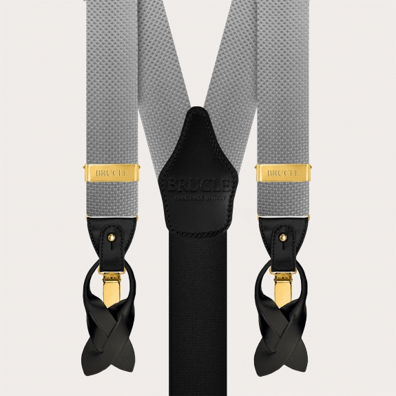 Men's grey silk suspenders with pin-dot pattern gold buttons and clips