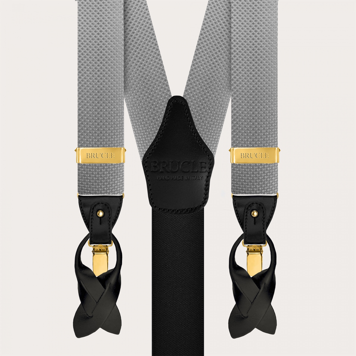Men's grey silk suspenders with pin-dot pattern gold buttons and clips