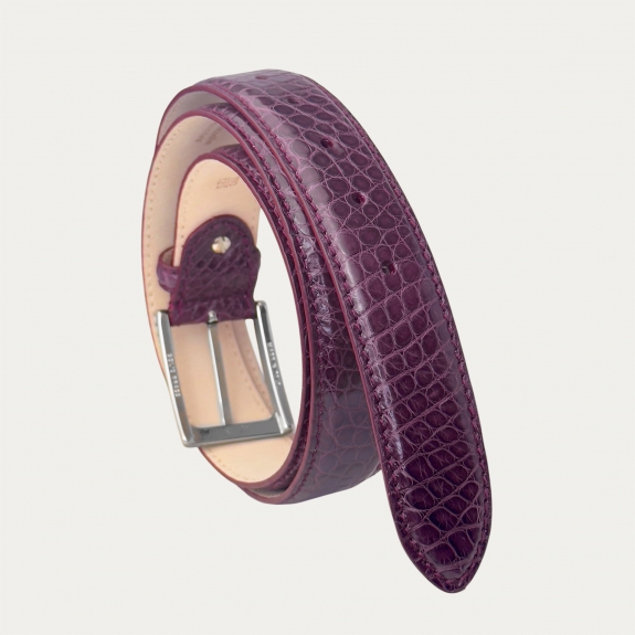 Elegant belt in genuine plum crocodile flank