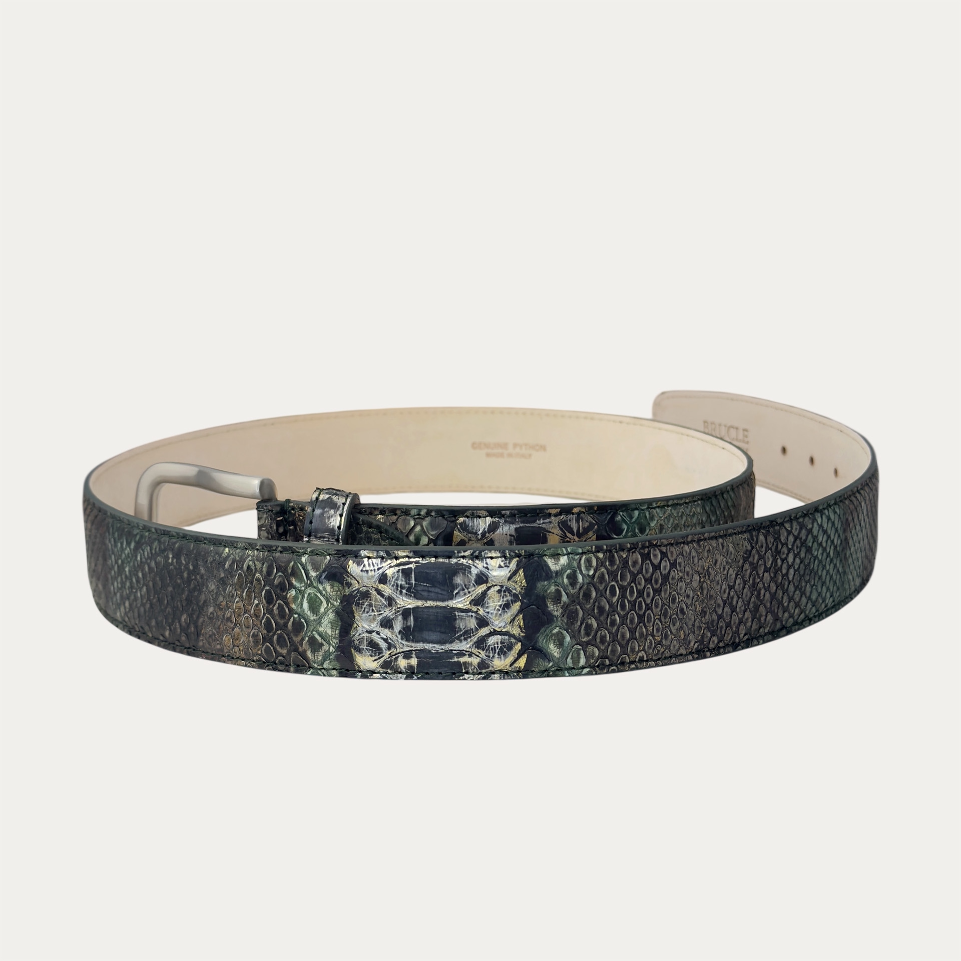 Ceinture haute en python vert, noir, argenté et doré