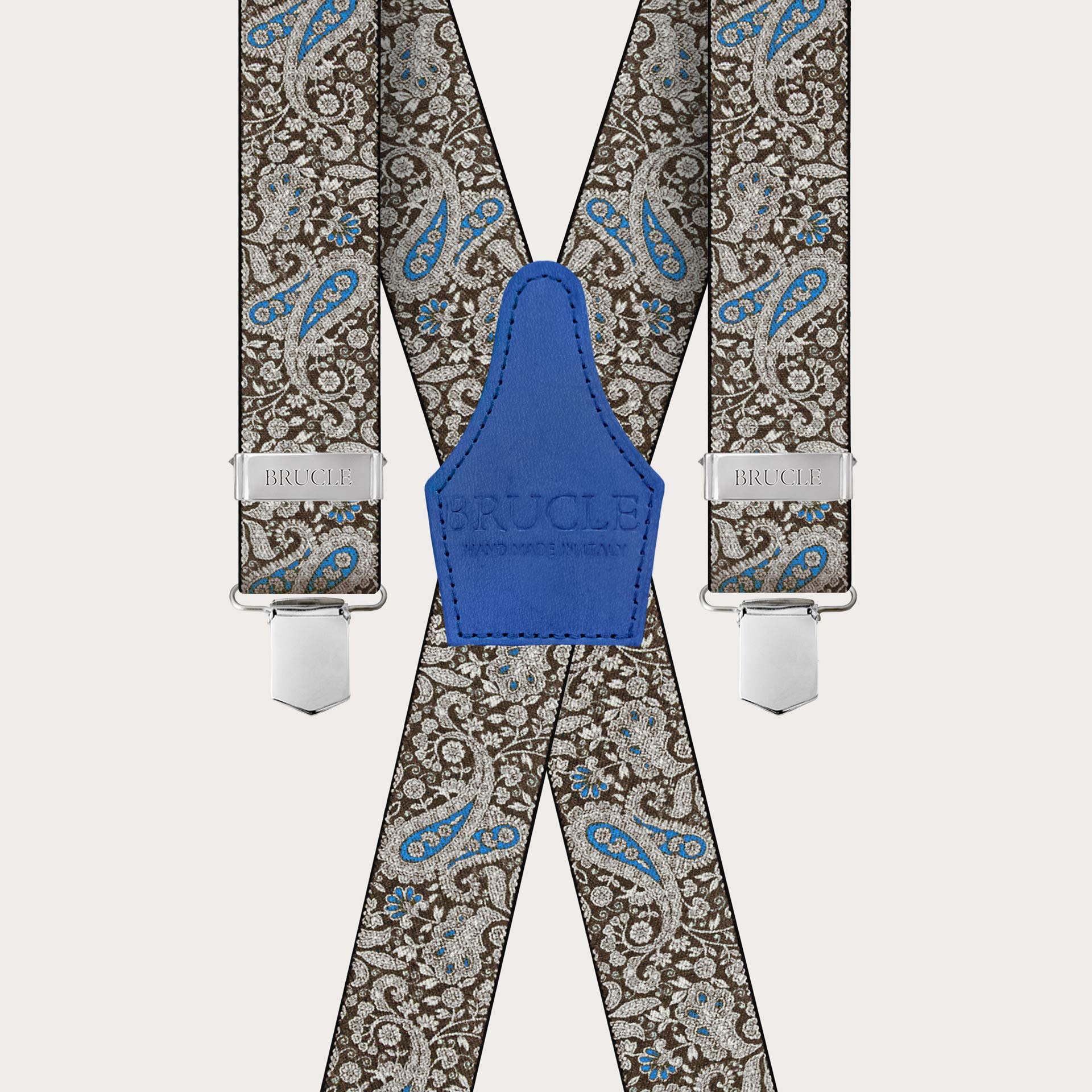 BRUCLE X-shaped suspenders with clips in brown and blue cashmere pattern
