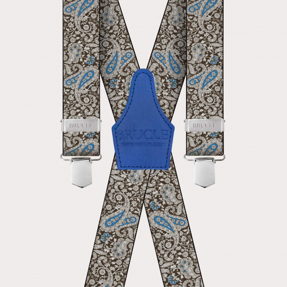 BRUCLE X-shaped suspenders with clips in brown and blue cashmere pattern