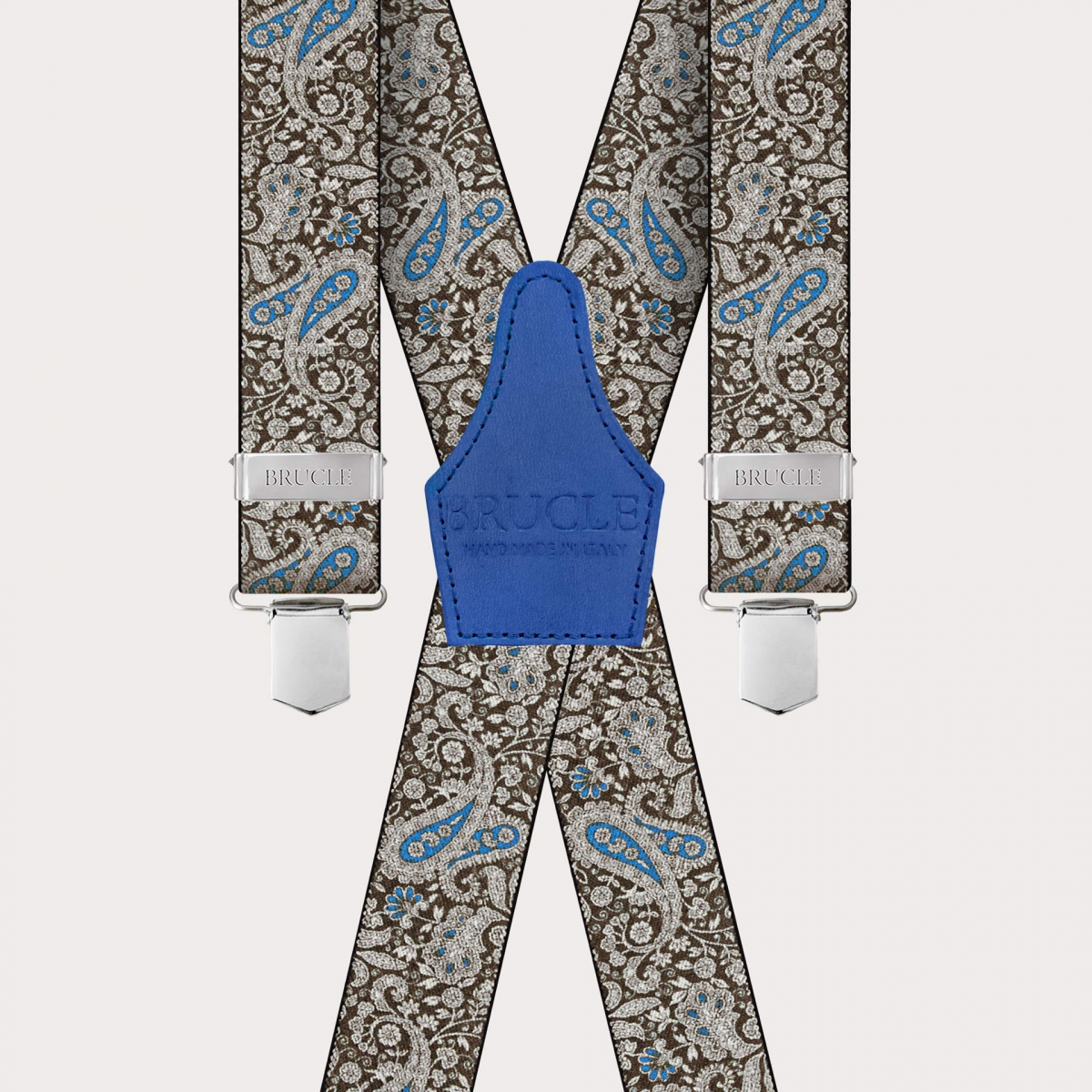 BRUCLE X-form Hosenträger mit Clips in braunem und blauem Kaschmirmuster