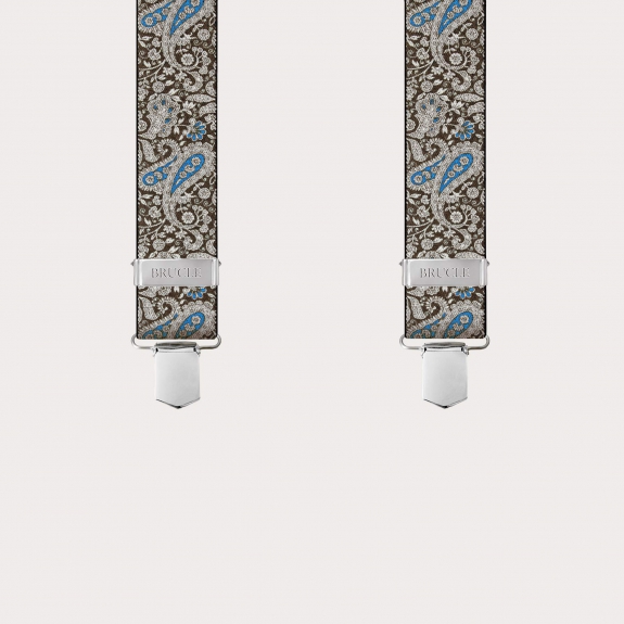 BRUCLE X-shaped suspenders with clips in brown and blue cashmere pattern