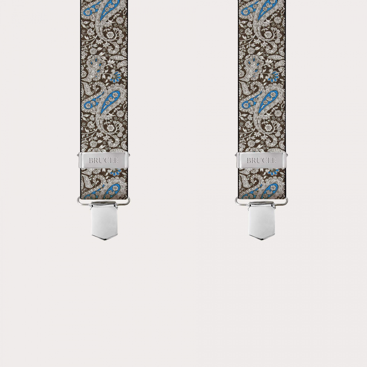 BRUCLE X-form Hosenträger mit Clips in braunem und blauem Kaschmirmuster