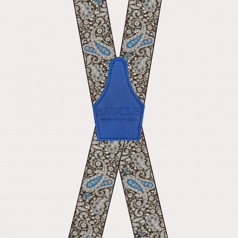 X-shaped suspenders with clips in brown and blue cashmere pattern
