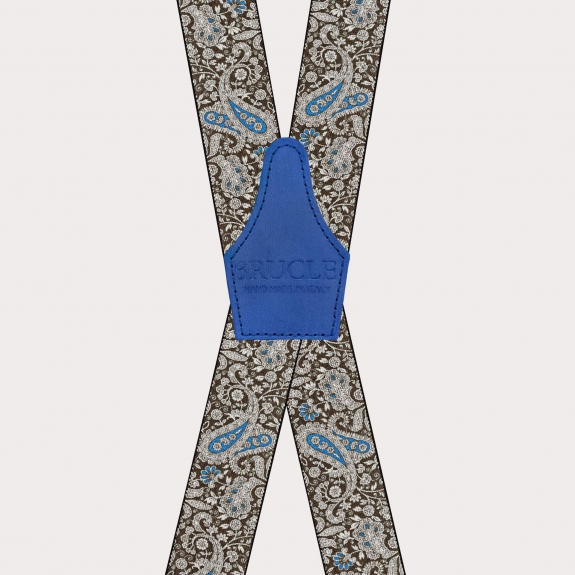 BRUCLE X-shaped suspenders with clips in brown and blue cashmere pattern