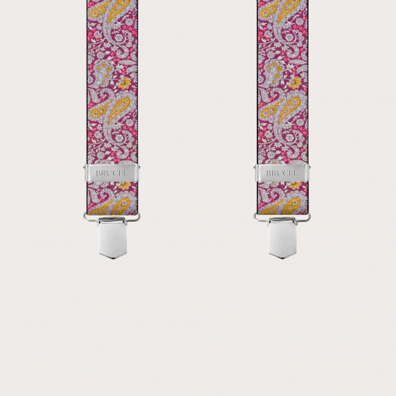 BRUCLE X-shaped suspenders with clips in magenta and yellow cashmere pattern