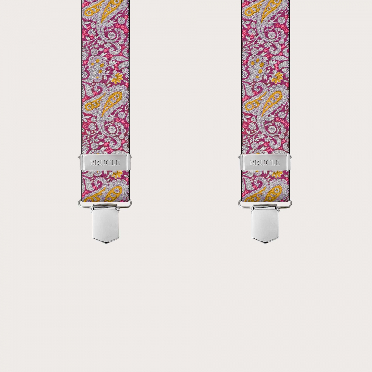 BRUCLE X-shaped suspenders with clips in magenta and yellow cashmere pattern