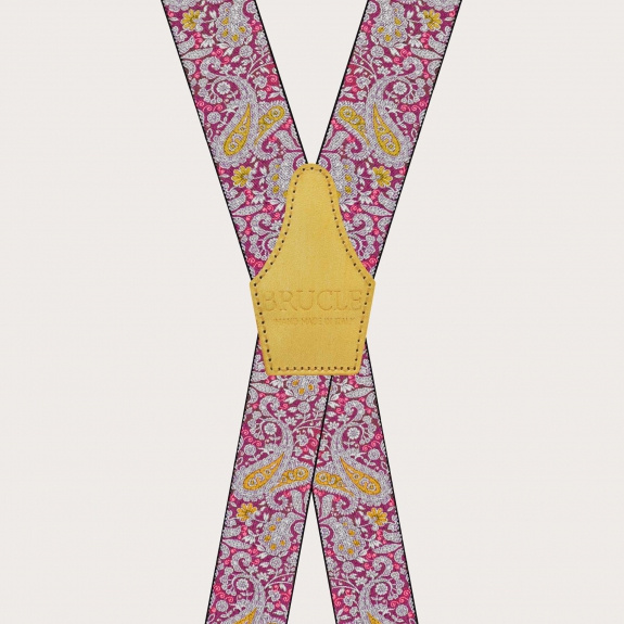 BRUCLE Tirantes en X con clips en estampado cashmere magenta y amarillo