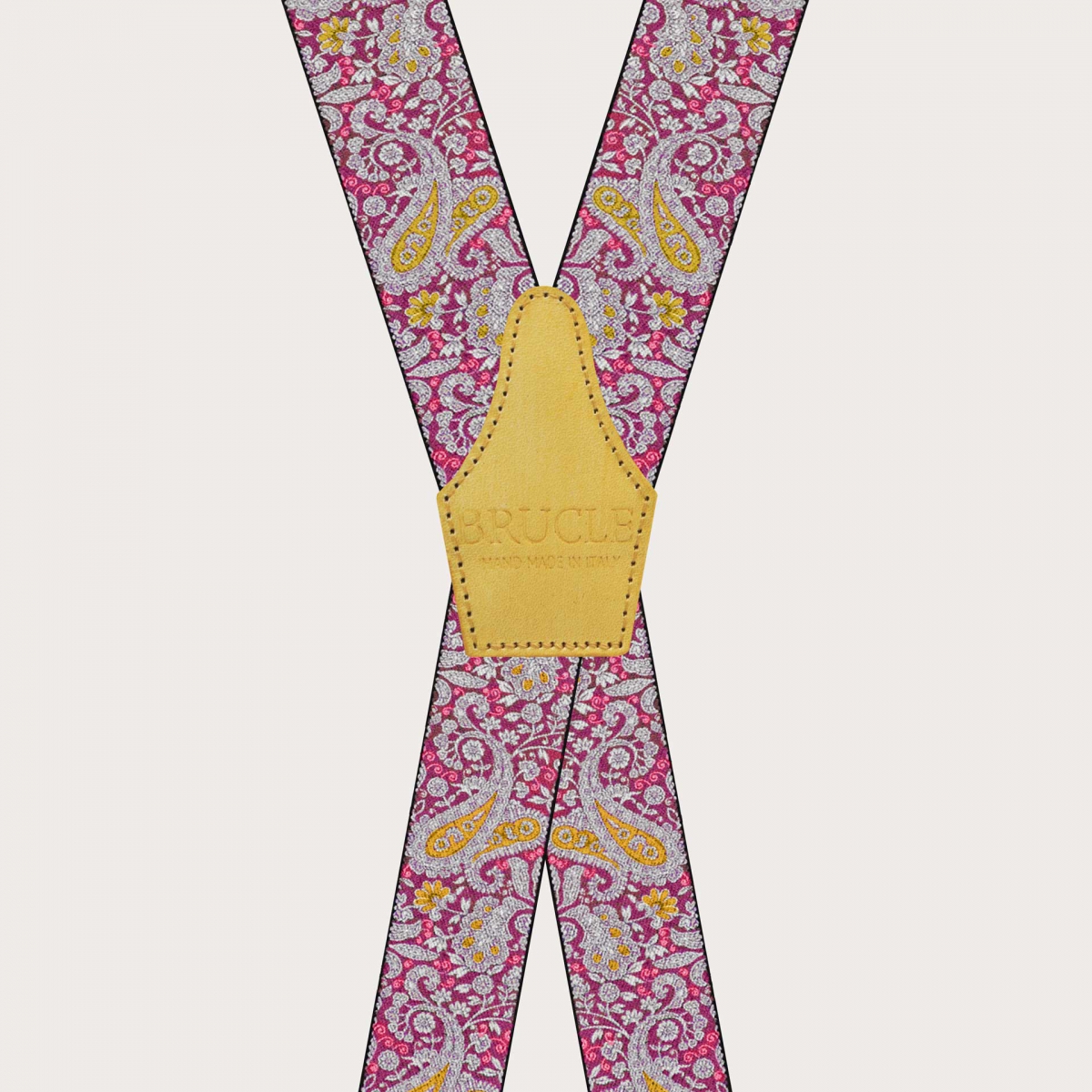 BRUCLE Bretelle a X con clip in fantasia cachemire, magenta e giallo