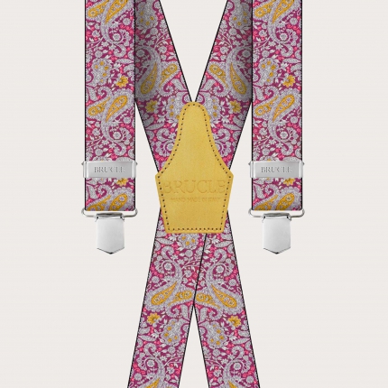 X-shaped suspenders with clips in magenta and yellow cashmere pattern