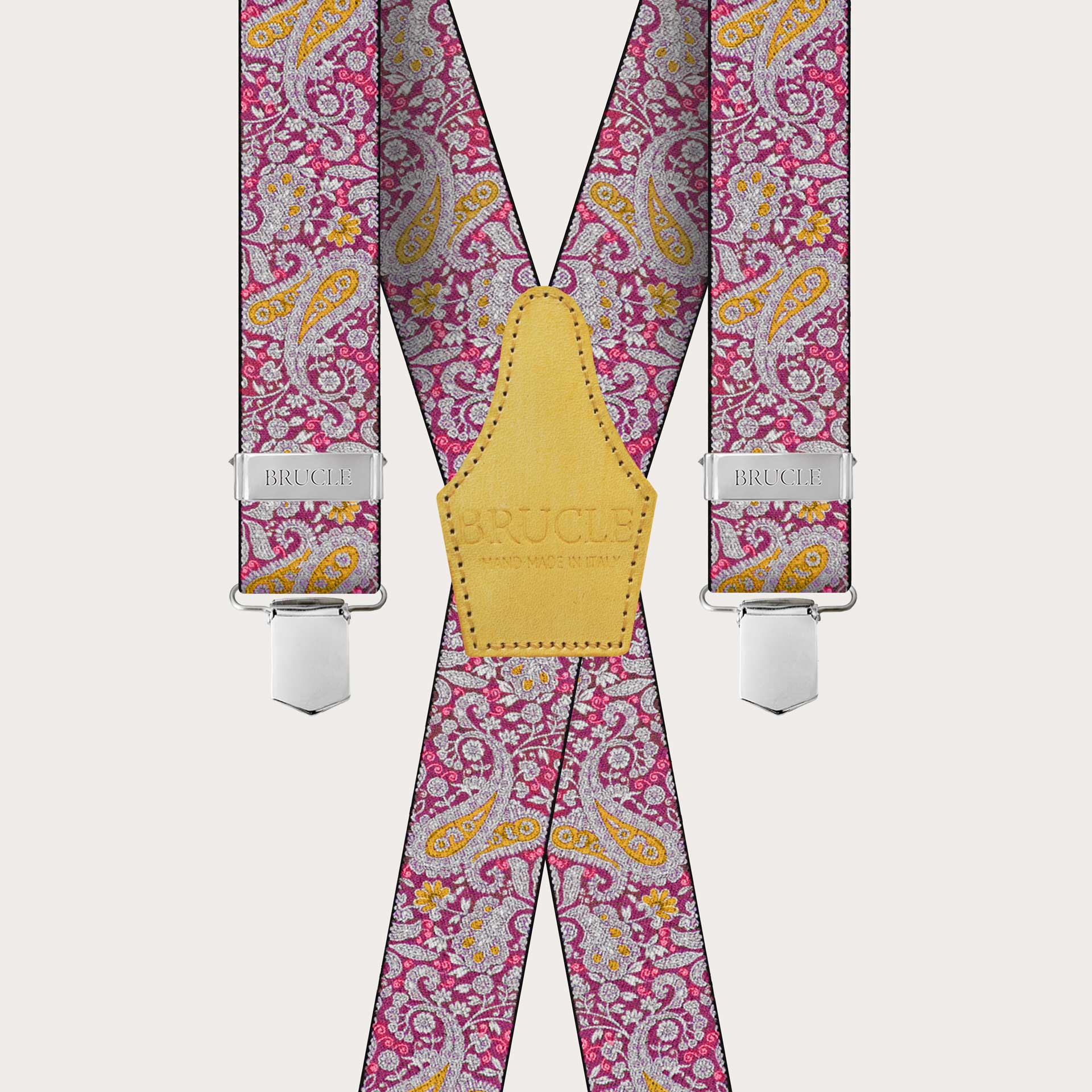 BRUCLE X-shaped suspenders with clips in magenta and yellow cashmere pattern
