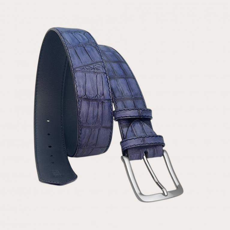 Cinturón azul de cuero grabado efecto cocodrilo teñido a mano altura 4 cm