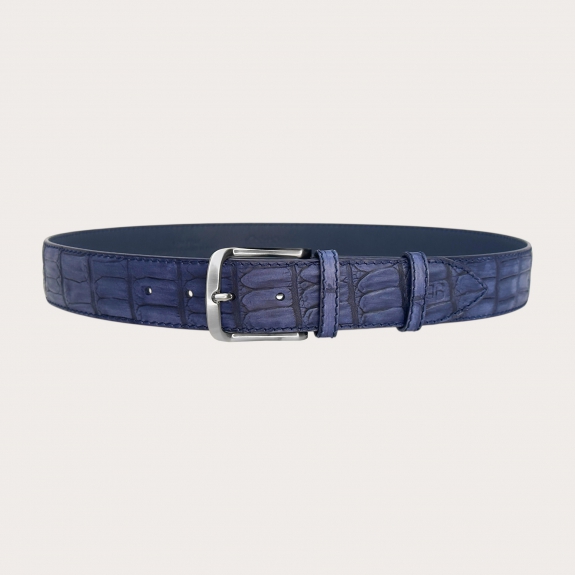 Ceinture bleue en cuir imprimé crocodile teintée à la main hauteur 4 cm