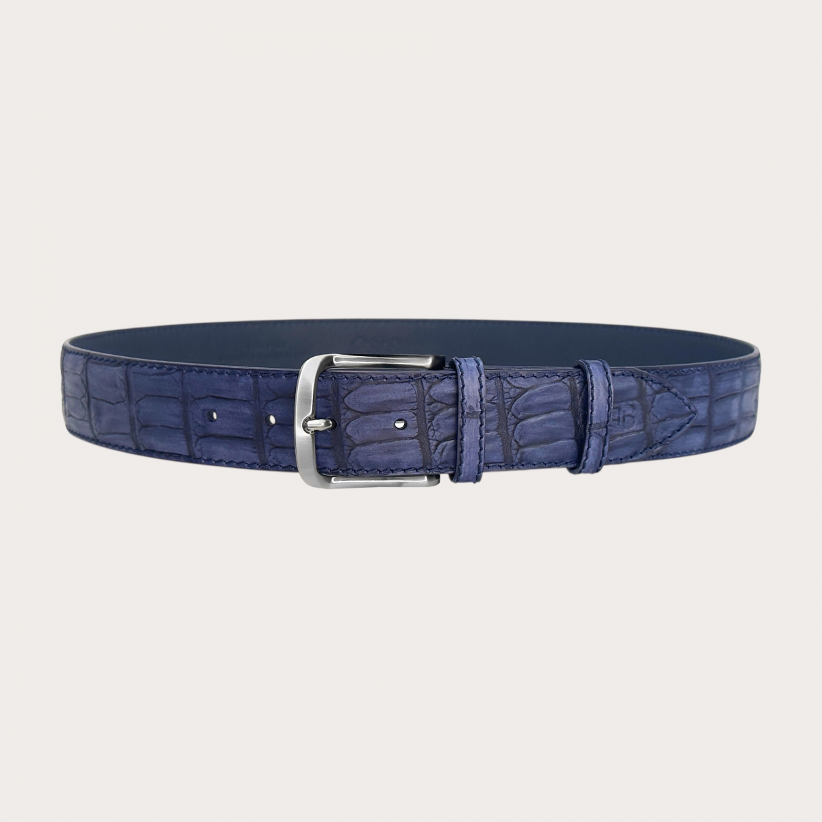 Blue crocodile-embossed hand-dyed leather belt 4 cm height