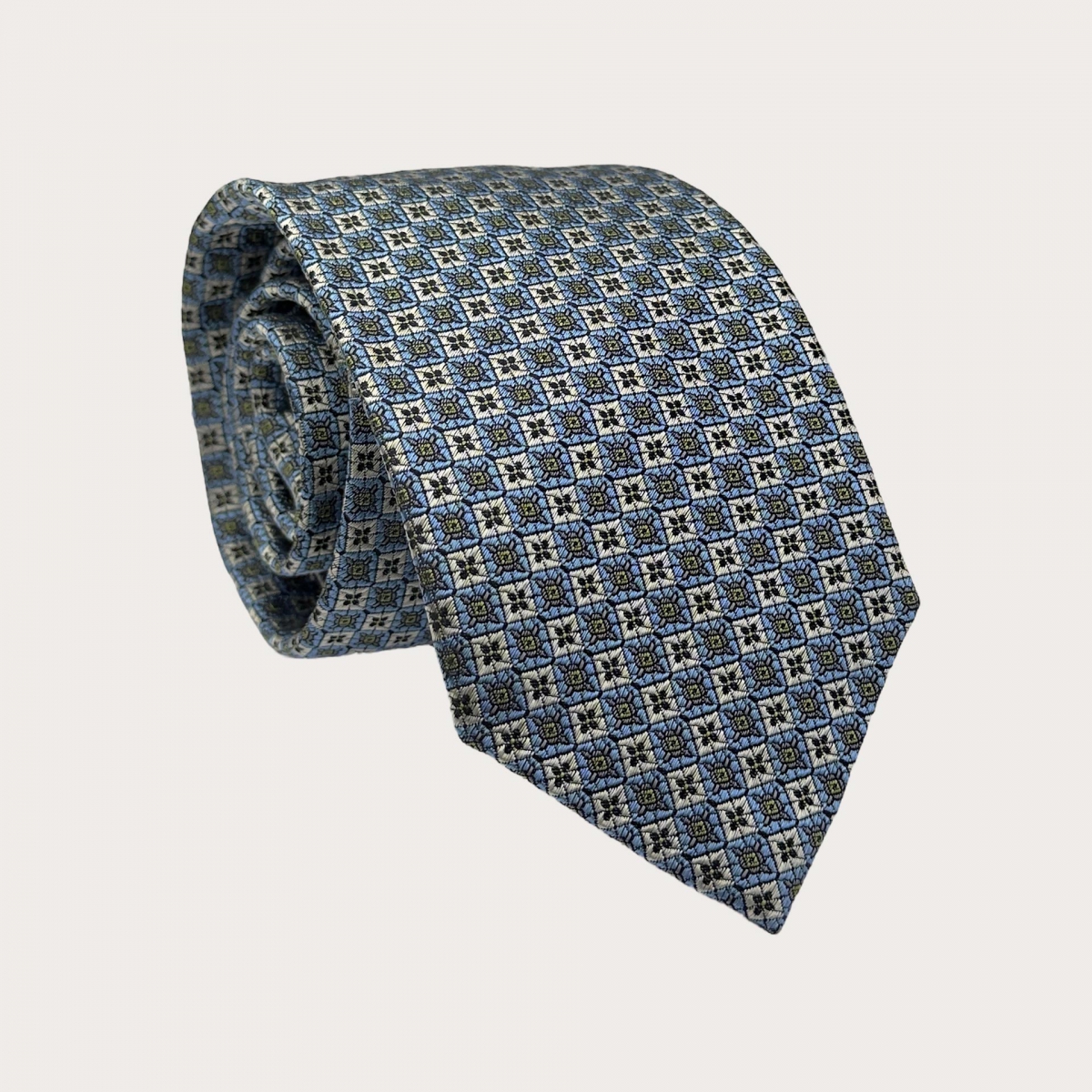 Silk tie with grey light blue and green floral pattern