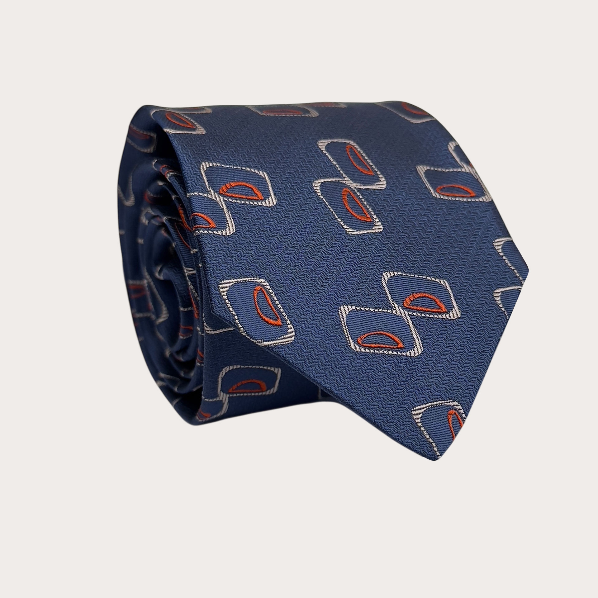 Corbata azul de seda con diseño geométrico naranja