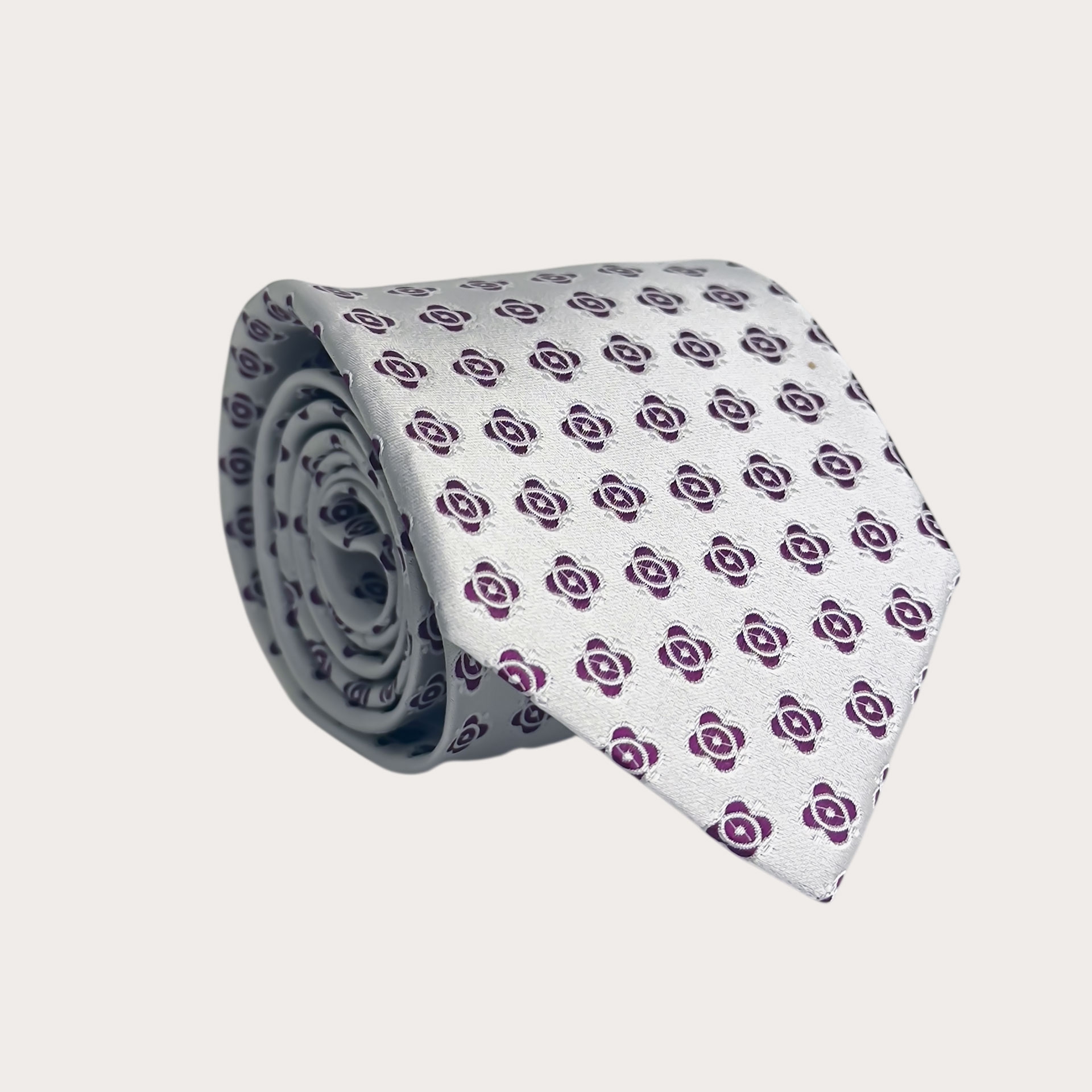Cravate en soie blanche avec motif géométrique fuchsia