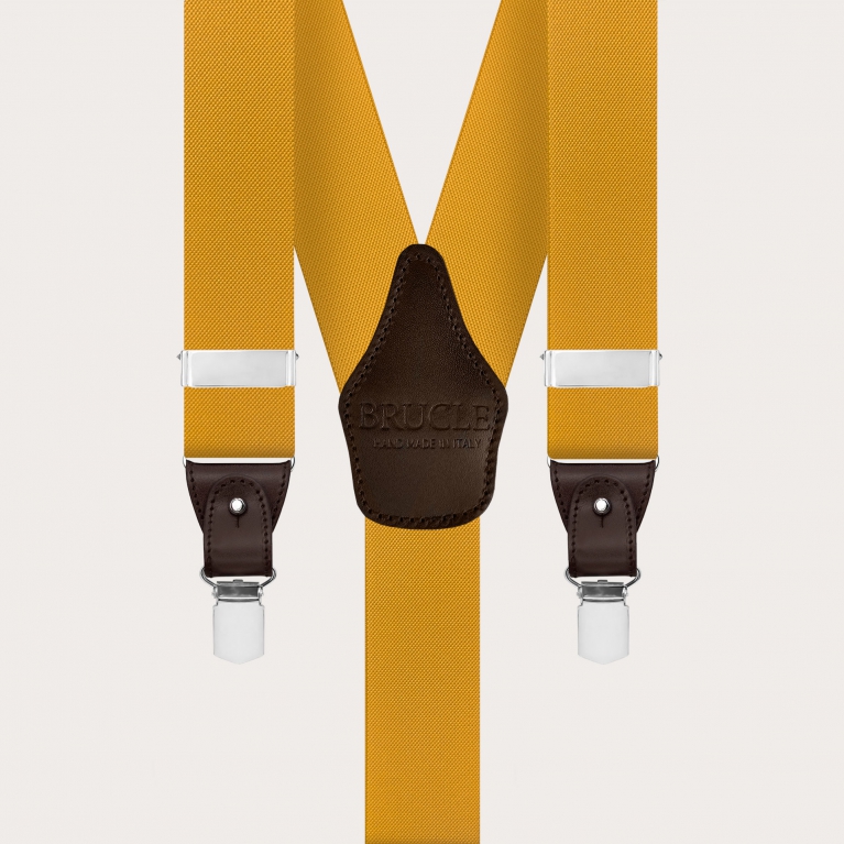 Mustard yellow elastic suspenders for buttons or clips