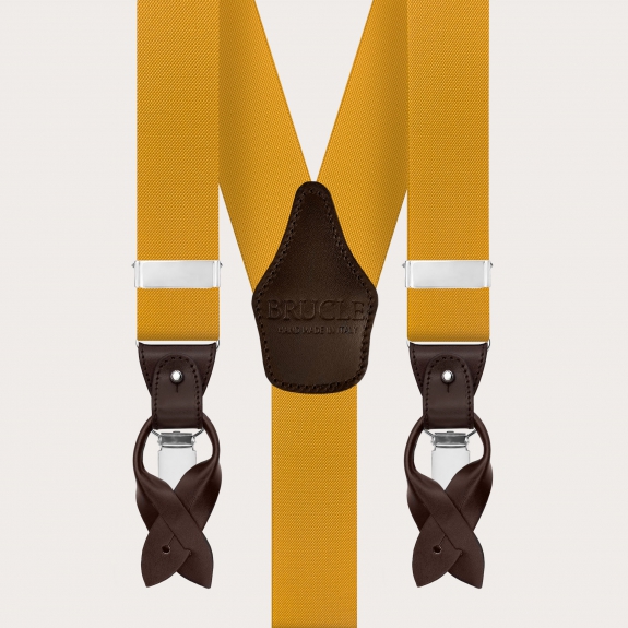 Mustard yellow elastic suspenders for buttons or clips