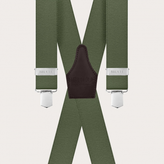 Olive green X-shaped suspenders with 4 clips