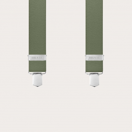 Olive green X-shaped suspenders with 4 clips
