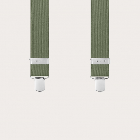 Olive green X-shaped suspenders with 4 clips