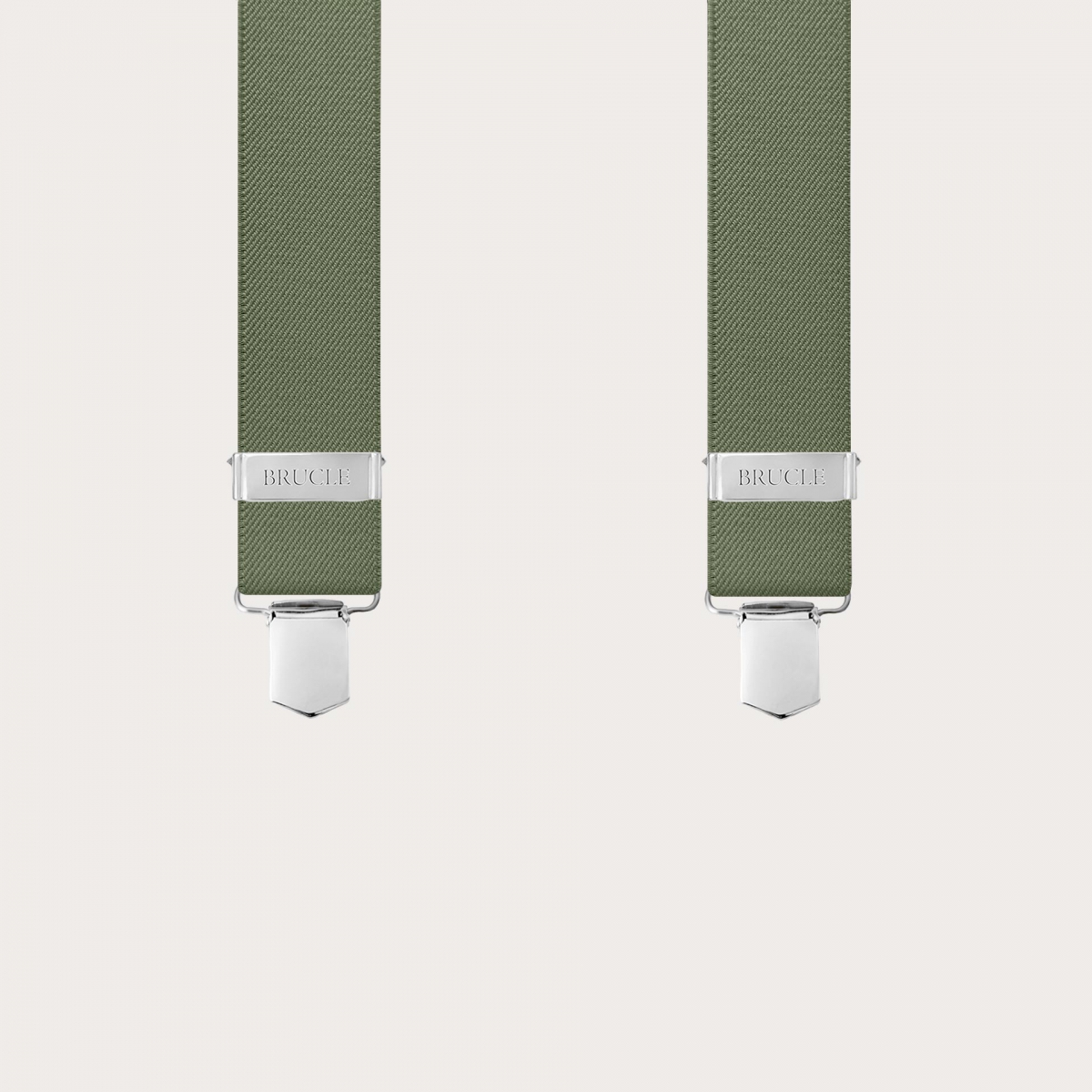 Olive green X-shaped suspenders with 4 clips