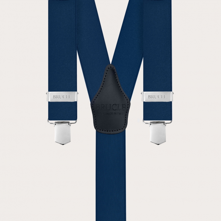Unisex blue satin elastic suspenders with clip fastening