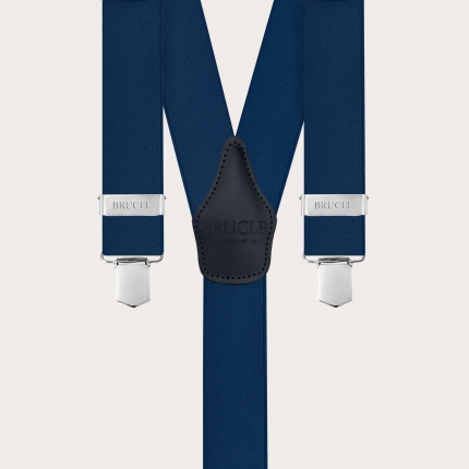 Bretelles unisexes bleues en satin élastique avec attache à pinces