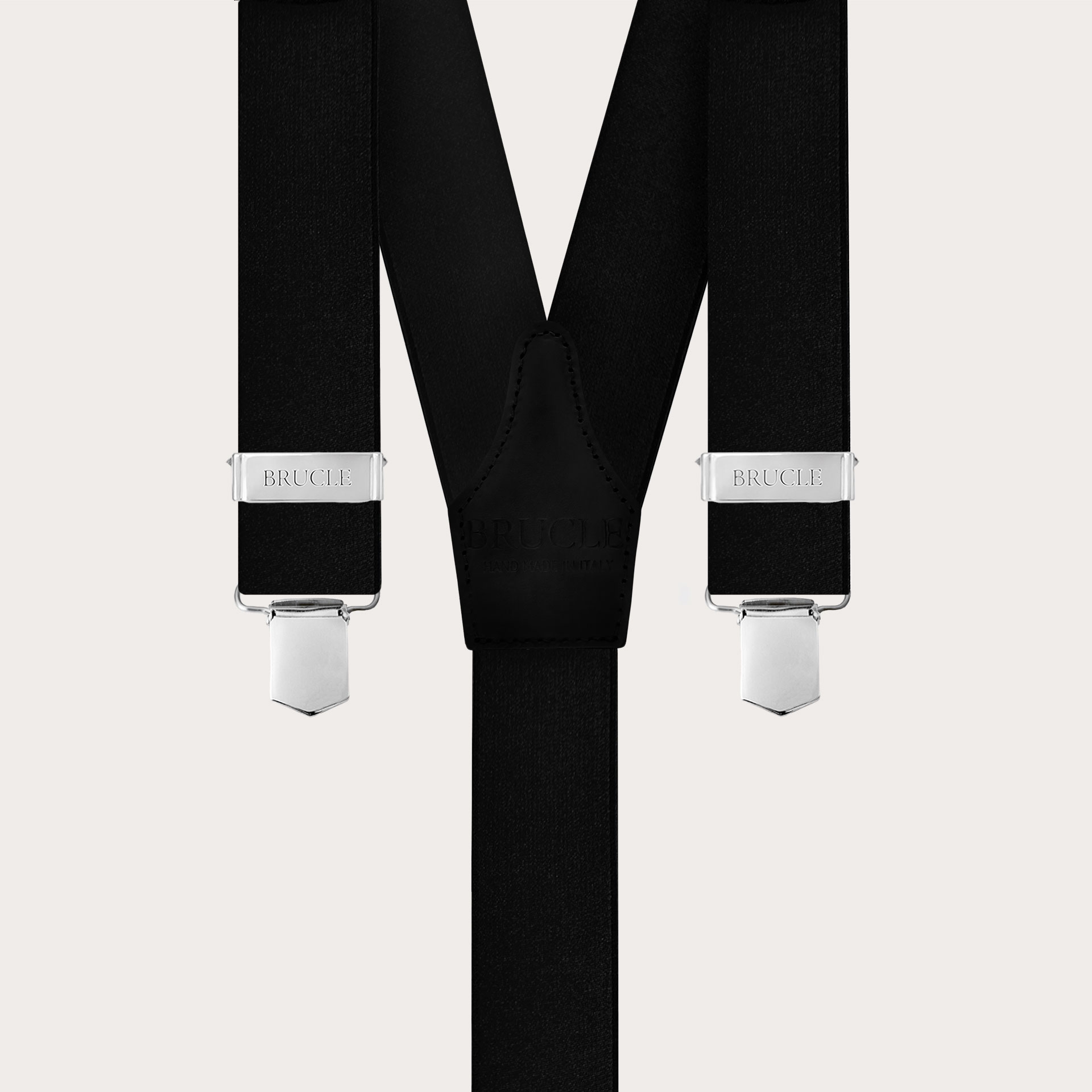 Unisex black satin elastic suspenders with clip fastening