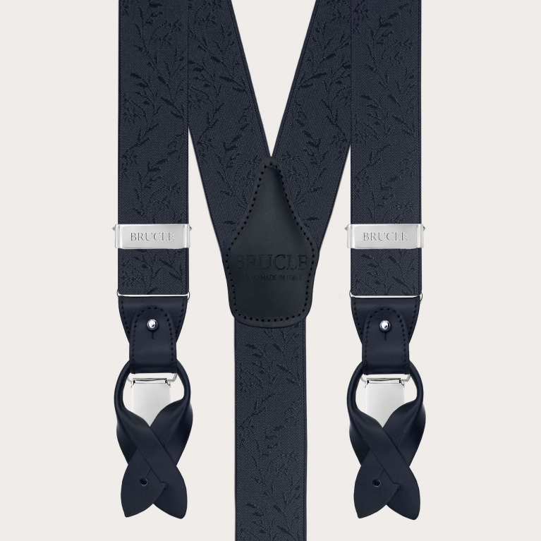Dual-use navy blue ceremonial suspenders with floral pattern