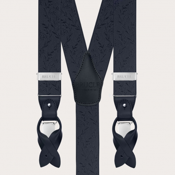 Dual-use navy blue ceremonial suspenders with floral pattern